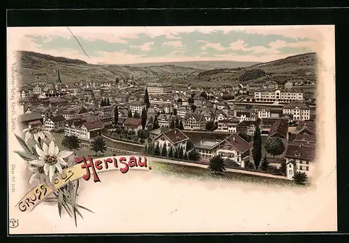Lithographie Herisau, Ortsansicht aus der Vogelschau mit Fernblick