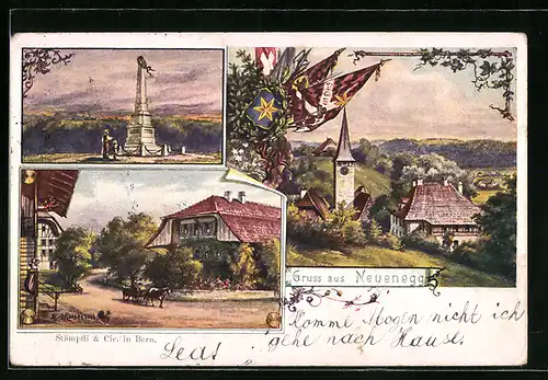 AK Neuenegg, Denkmal, Teilansicht mit Fahnen und Wappen, Ortspartie