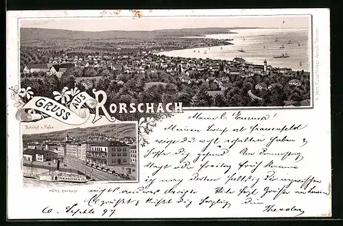Lithographie Rorschach, Gesamtansicht aus der Vogelschau, Bahnhof und Hafen