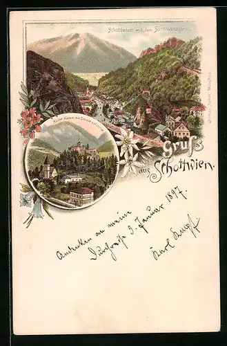 Lithographie Schottwien, Gesamtansicht mit dem Sonnwendstein, Ruine Klamm mit Schule und Kirche