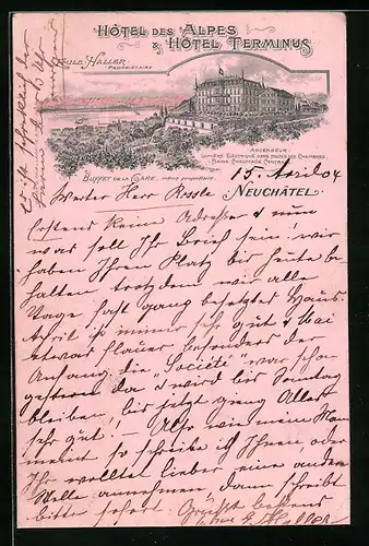 Lithographie Neuchâtel, Hôtel des Alpes & Hôtel Terminus