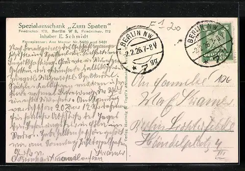 AK Berlin, Spezialausschank zum Spaten, Friedrichstrasse 172