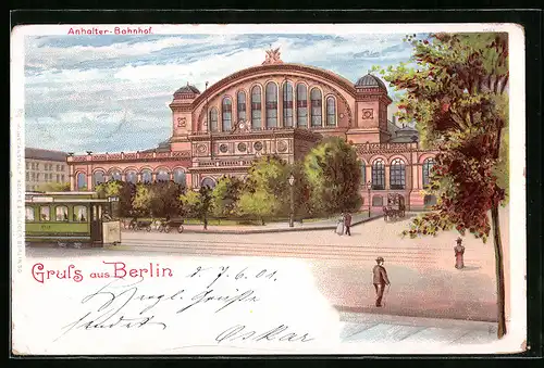 Lithographie Berlin-Kreuzberg, Anhalter Bahnhof mit Strassenbahn