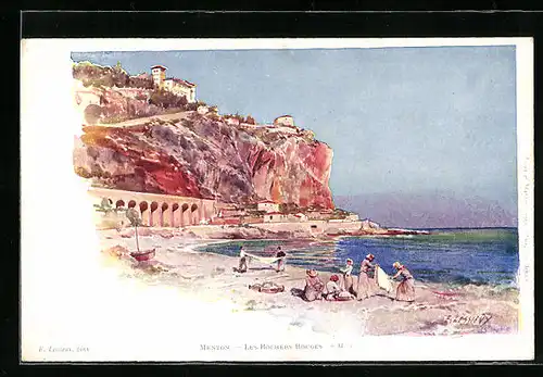 Künstler-AK Ernest Lessieux: Menton, Les Rochers Rouges