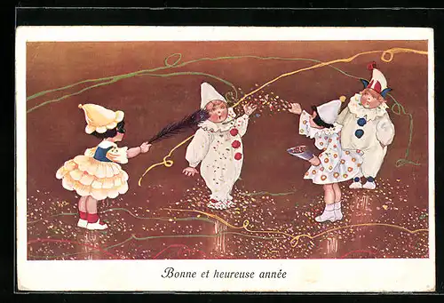 AK Bonne et heureuse année, Harlekin beim Feiern