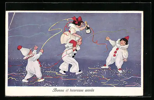 AK Bonne et heureuse année, Harlekin beim Feiern
