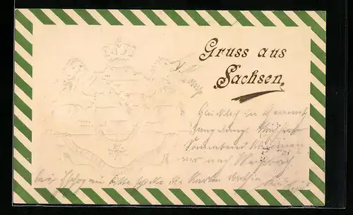 Präge-AK Gruss aus Sachsen, Löwen mit Wappen
