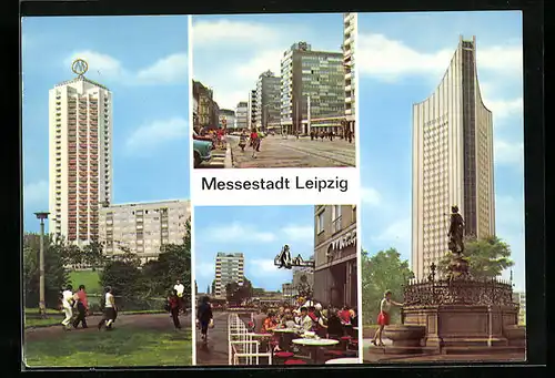 AK Leipzig, Neubauten am Brühl, Milchbar Katharinenstrasse, Hochhaus der Karl-Marx-Universität