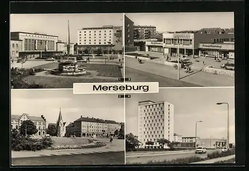 AK Merseburg, Gagarinplatz mit Bahnhof und Kosmonautenbrunnen