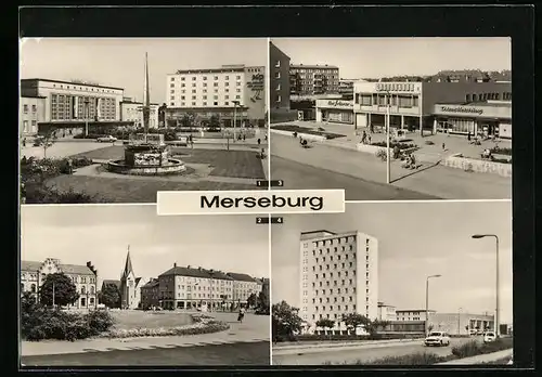 AK Merseburg, Gagarinplatz mit Bahnhof und Kosmonautenbrunnen