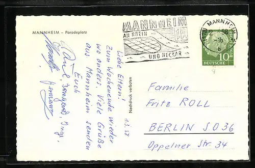 AK Mannheim, Paradeplatz mit Denkmal