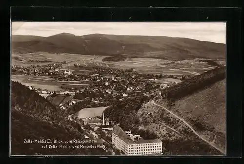 AK Zella-Mehlis, Blick vom Reisigenstein auf den Ort und Mercedes Werk