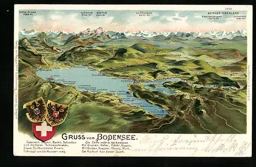 Lithographie Konstanz a. Bodensee, Landkarte Bodensee mit Umgebung und Wappen