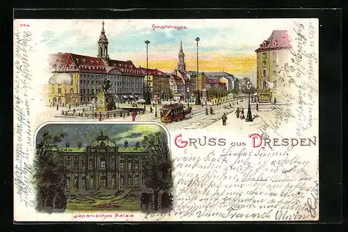 Lithographie Dresden-Neustadt, Hauptstrasse, Japanisches Palais