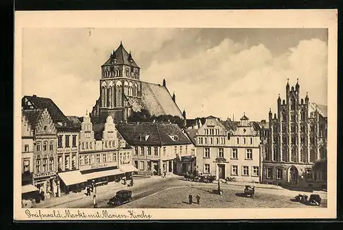 AK Greifswald, Markt mit Marienkirche