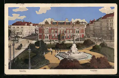 AK Görlitz, Postplatz mit Brunnen