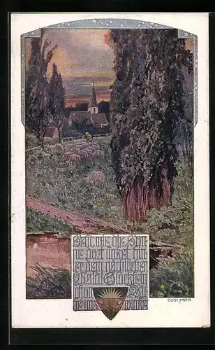 AK Deutscher Schulverein Nr. 1045: Weidende Schafherde mit Blick zur Gemeindekirche