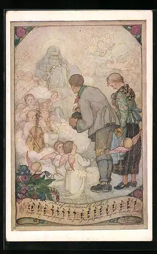AK Deutscher Schulverein Nr. 1253: Trauerndes Paar vor Gotten und seinen Engeln