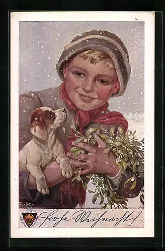 AK Deutscher Schulverein Nr. 736: Weihnachtsgrüsse, Knirps mit Hundwelpen