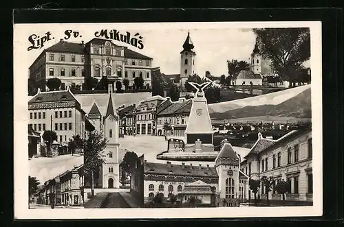 AK Lipt. Sv. Mikulás, Rathaus, Kirche, Marktplatz und Kriegerdenkmal