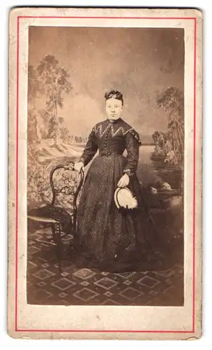 Fotografie J. T. Mathias, Cardigan, Bürgerliche Dame im Kleid vor einem Gemälde