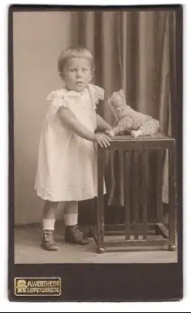 Fotografie A. Wertheim, Berlin, Leipzigerstr., Kleines Kind im weissen Kleid mit einem Kuscheltier auf dem Tisch