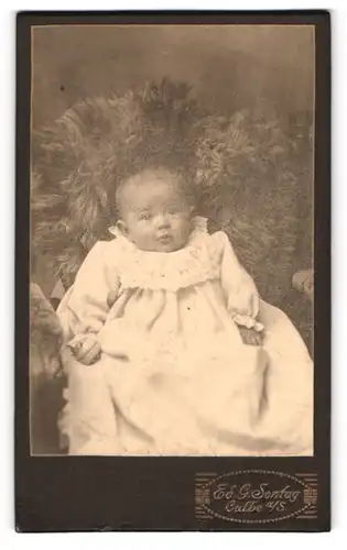 Fotografie Ed. G. Sontag, Calbe a. S., Süsses Kleinkind im Kleid mit einem Ball