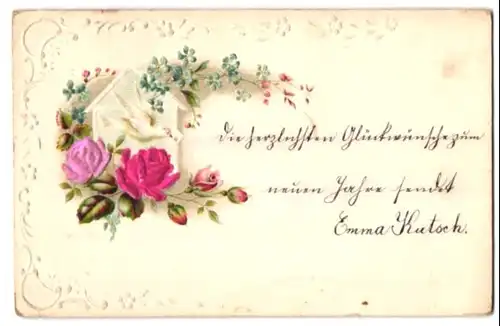 Stoff-Präge-AK Rosen aus Stoff vor Brieftaube am Briefkasten