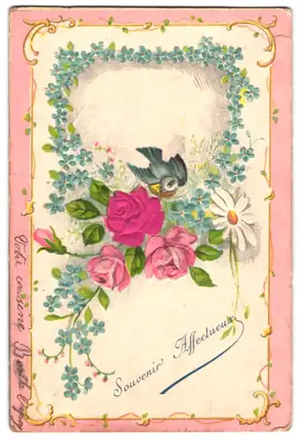 Stoff-Präge-AK Vergissmeinnicht, Meise, Rose aus Stoff