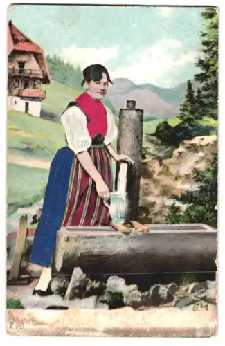 Stoff-Präge-AK Dirdlmädchen am Brunnen, mit Schal aus Stoff
