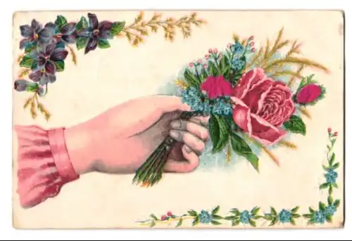 Stoff-Präge-AK Hand hält geprägten Blumenstrauss mit Ähren, Rosenknospen aus Stoff