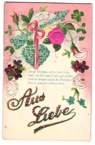 Stoff-Präge-AK Blumen mit Herz und Amorpfeil aus Vergissmeinnicht, Rose aus Stoff