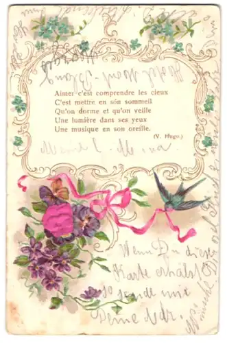 Stoff-Präge-AK Geprägte Blumen mit Blüte aus Stoff und Schwalbe, Gedicht