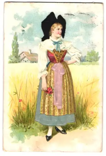 Stoff-Präge-AK Trachtenträgerin mit Hut, Rock und Schleife aus Stoff