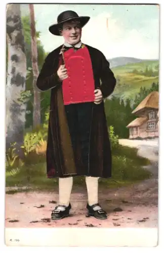 Stoff-Präge-AK Trachtenträger mit rotem Wams aus Stoff