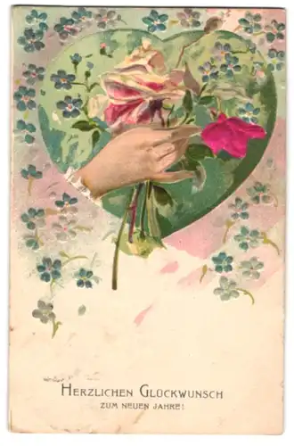 Stoff-Präge-AK Blumen in einer Hand vor Herz, Rose aus Stoff, Neujahrsgruss
