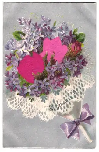 Stoff-Präge-AK Blumenstrauss mit Schleife und Rosen aus Stoff
