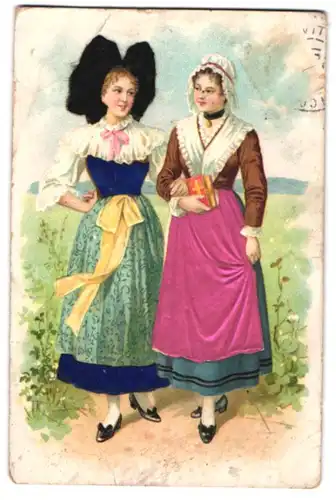 Stoff-Präge-AK Zwei Trachtenmädchen mit Gesangbuch und Kleidungselementen aus Stoff