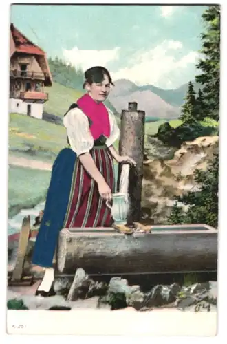 Stoff-Präge-AK Trachtenmädchen am Brunnen mit Kleidungselementen aus Stoff