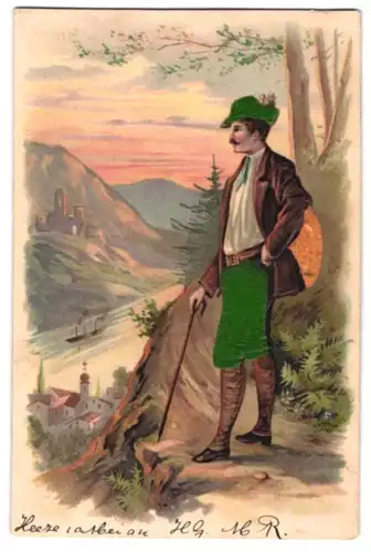 Stoff-Präge-AK Wanderer mit Flussblick, Hut und Hose aus Stoff