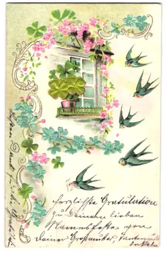 Stoff-Präge-AK Schwalben vor Fensterbank mit Glücksklee aus Stoff