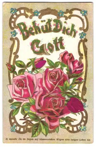 Stoff-Präge-AK Behüt Dich Gott, Rosen mit Blüte aus Stoff