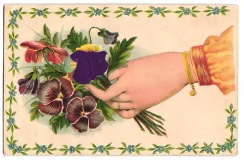 Stoff-Präge-AK Hand mit geprägten Blumen und violetter Blüte aus Stoff