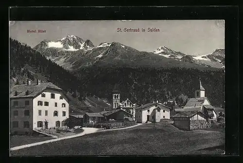 AK St. Gertraud in Sulden, Teilansicht mit Hotel Eller