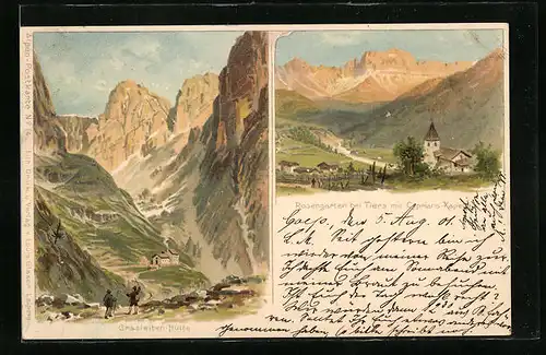 Künstler-AK sign. H. Heubner: Tiers, Cyprians-Kapelle gegen Rosengarten, Grasleitenhütte