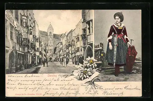 AK Sterzing, Strassenpartie im Ortskern, Brennertracht