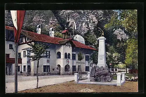 AK Brixen, Gasthaus an der Mahr mit Denkmal für Peter Mayr