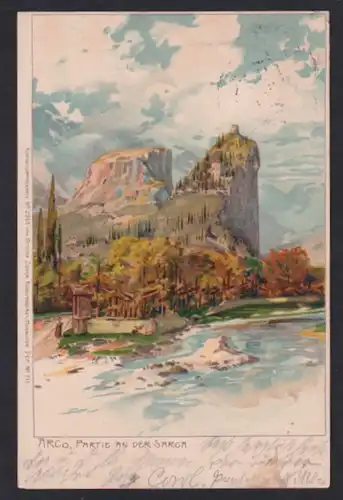 Lithographie Arco, Partie an der Sarca mit Blick zum Schlossberg