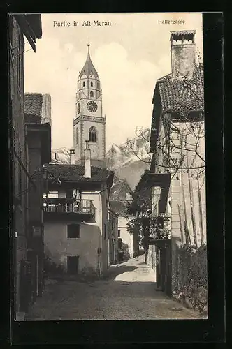 AK Meran, Hallergasse mit Blick zum Kirchturm