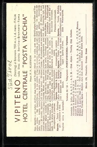 Künstler-AK Vipiteno, Hotel Centrale Posta Vecchia